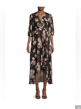 Floral Wrap Midi Dress in Black